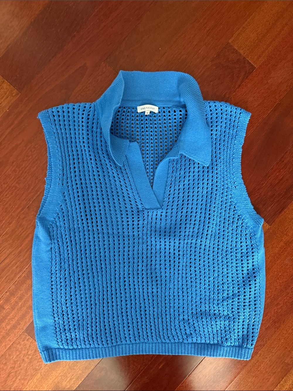 Crescent Bright Blue Crochet Knit Sleeveless Polo Sweater Vest